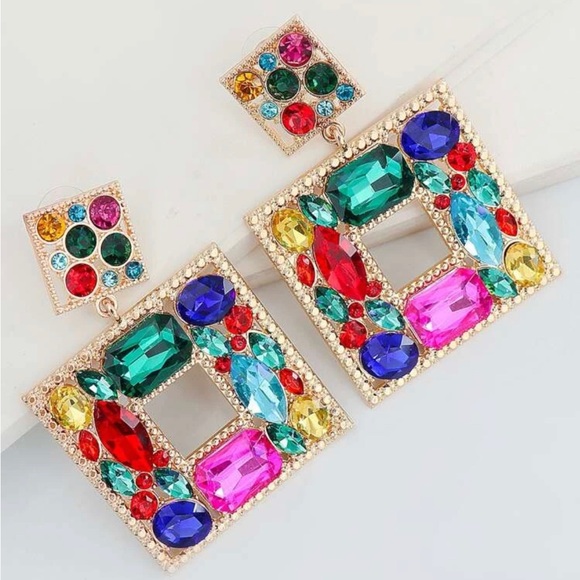 Multi-colored Rhinestone Square Drop Earrings - Picture 3 of 5